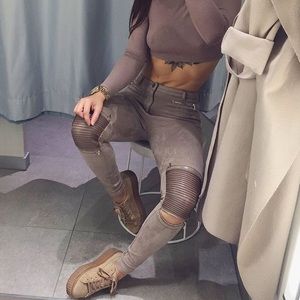 Taupe Suede Zipper Leggings MDV